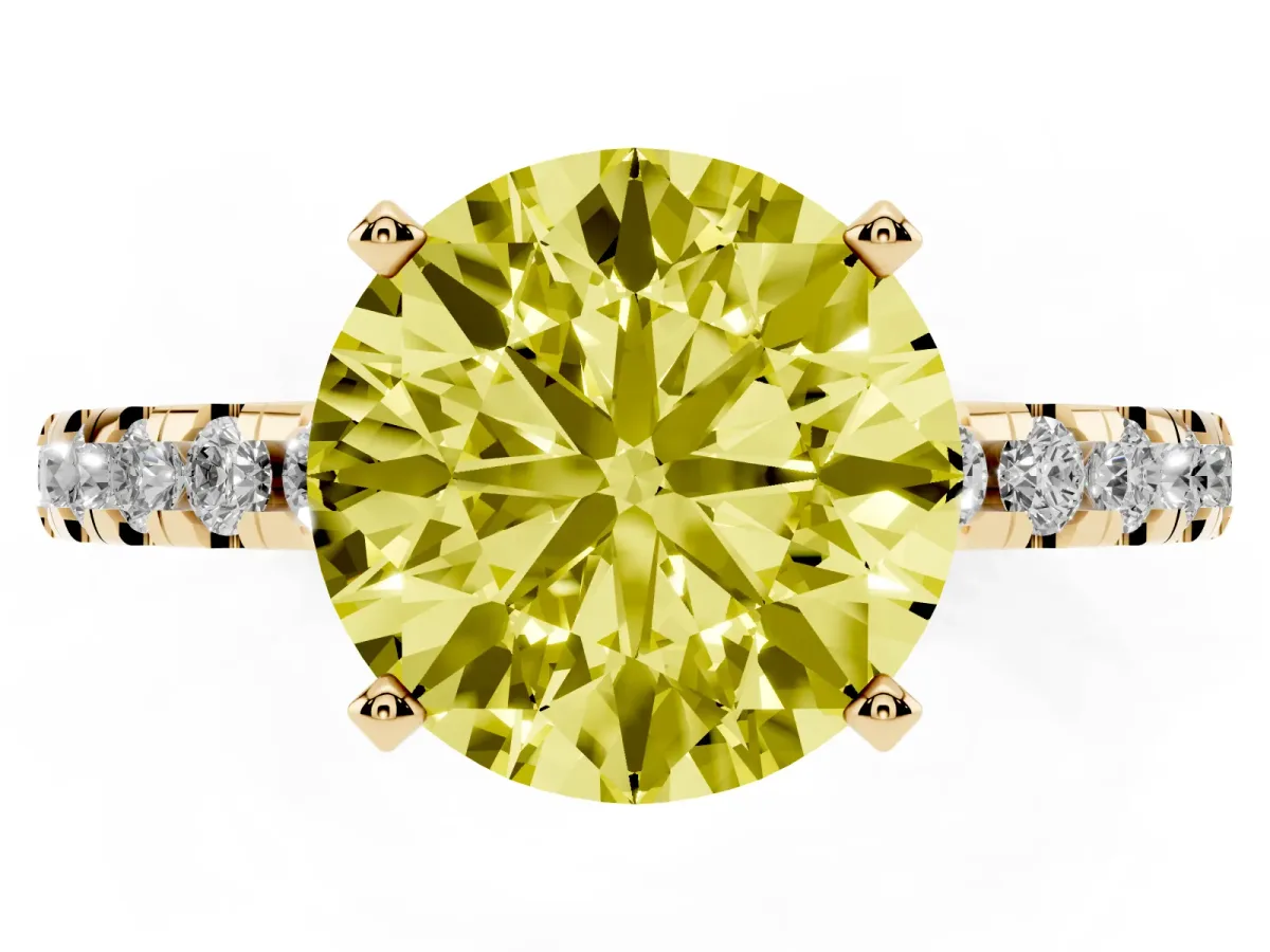 Fancy Yellow Round Cut Diamond Solitaire Ring with Round Pavé Band and Four-Prong Setting Yellow gold