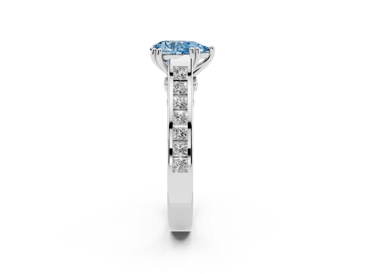Fancy Blue Pear Cut Cut Channel Set Solitaire Engagement Ring with Prong Setting Silver