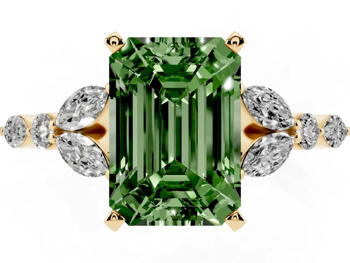 Fancy Green Emerald Cut Diamond Solitaire Ring with Side Stones and Four-Prong Setting Yellow gold