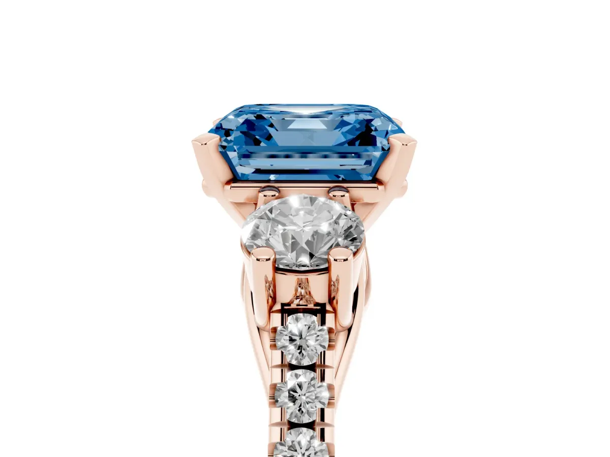 Fancy Blue Three-Stone Asscher Cut Diamond Pavé Band with Four-Prong Setting Rose gold