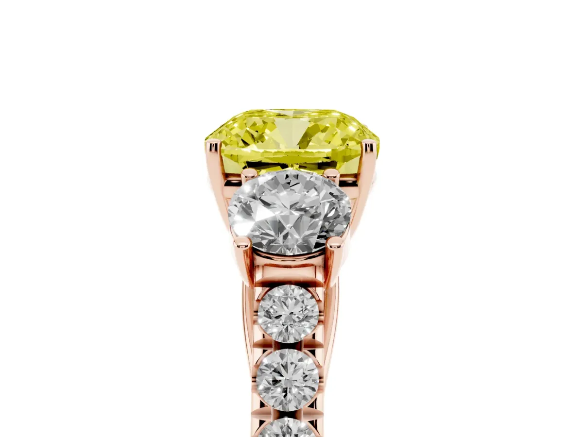 Fancy Yellow Cushion Cut Cut Diamond Three-Stone Ring with Round Side Stones and Pavé Band Rose gold