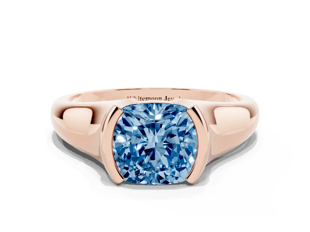 Fancy Blue Cushion Cut Solitaire Tension Set Diamond Ring with Split Shank Band Rose gold