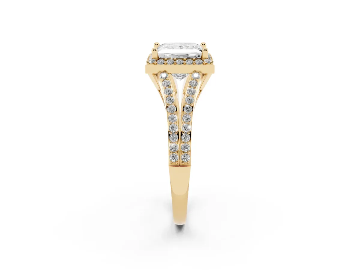 Princess Cut Halo Split Shank Pave Diamond Ring with Four-Prong Setting Yellow gold