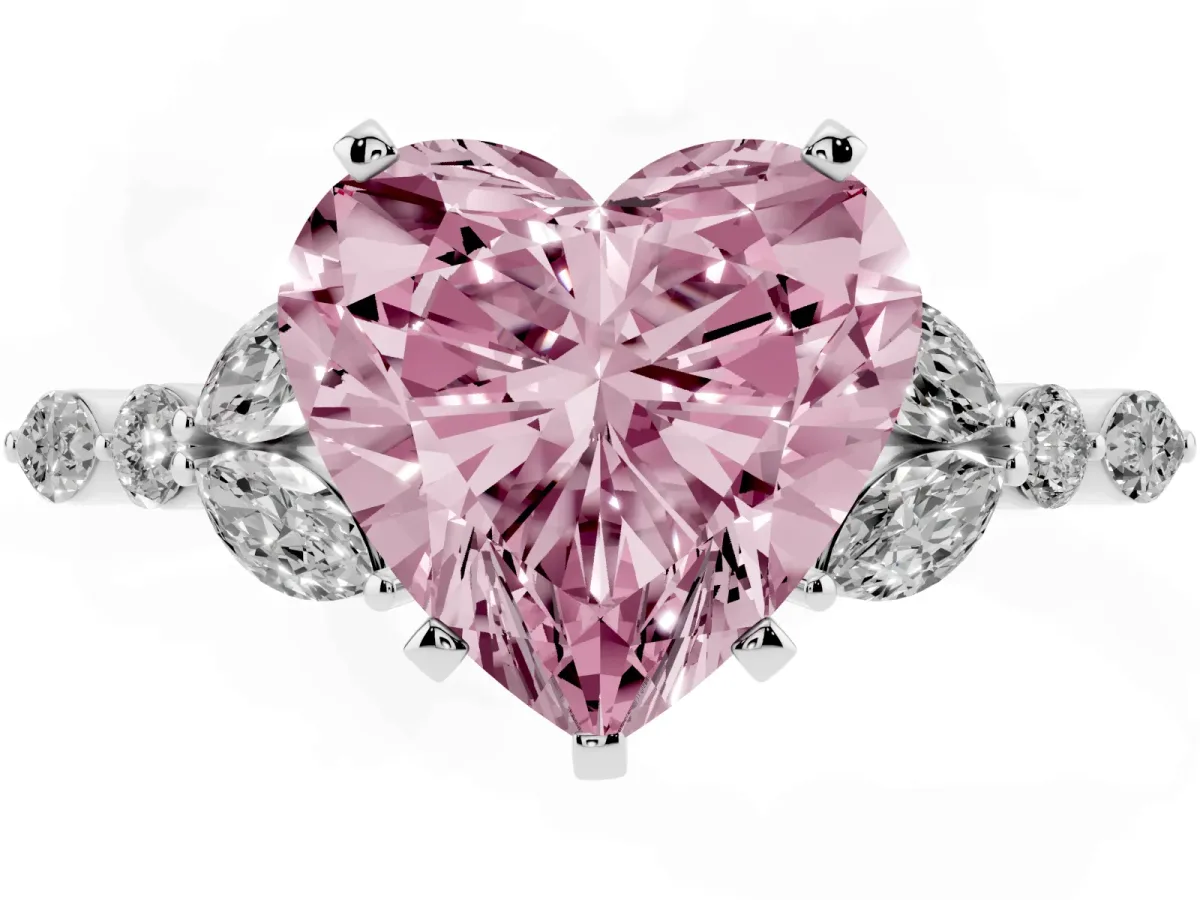 Fancy Pink Heart Cut Diamond Solitaire Ring with Side Stones and Four-Prong Setting Silver