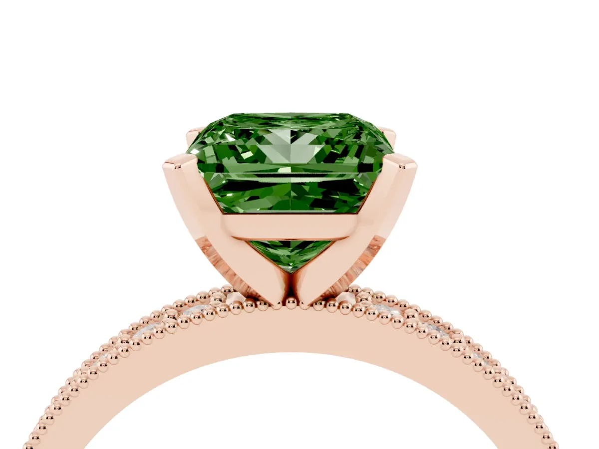 Fancy Green Princess Cut Diamond Milgrain Pavé Engagement Ring with Four-Prong Setting Rose gold