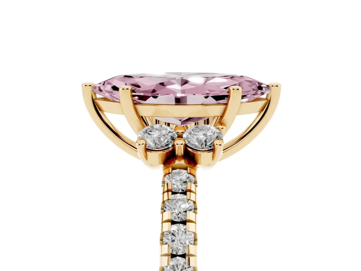 Fancy Pink Marquise Cut Diamond Three-Stone Pave Band with Four-Prong Setting Yellow gold