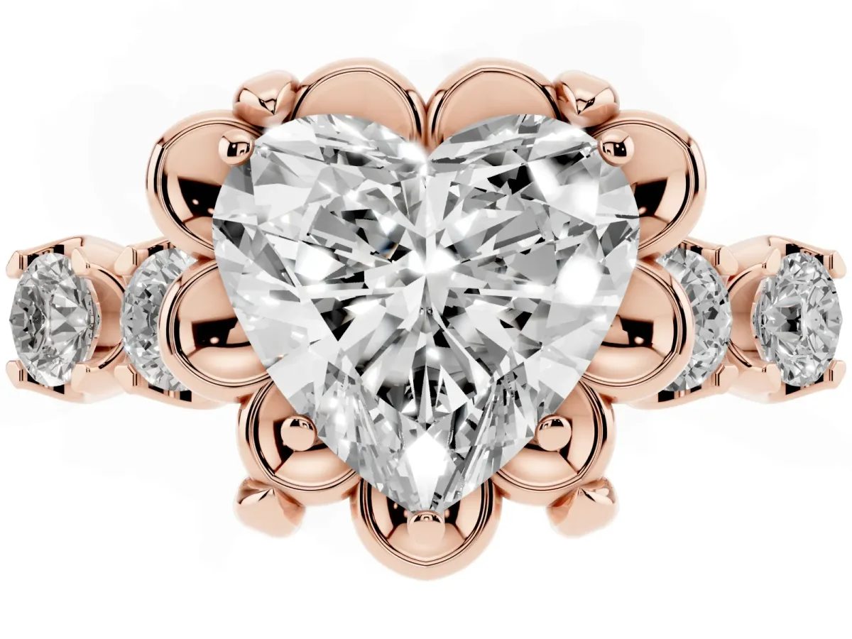 Heart Cut Cut Diamond Floral Halo Engagement Ring with Shared Prong Setting Rose gold