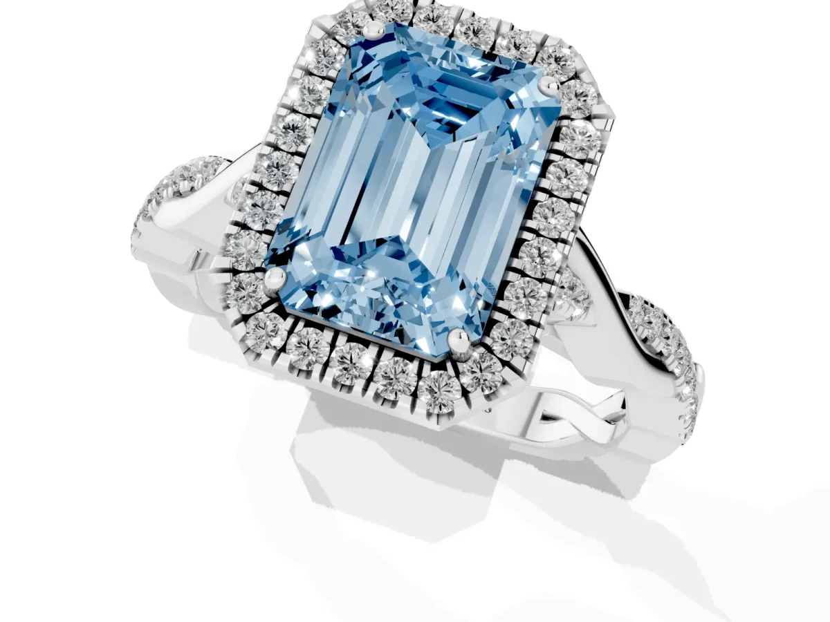 Fancy Blue Emerald Cut Halo Twist Band Solitaire Ring Silver