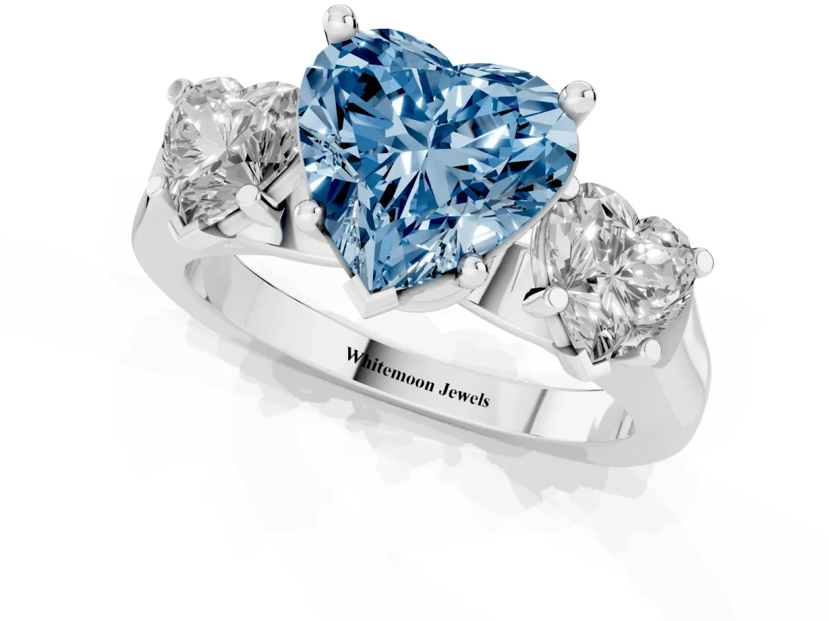 Fancy Blue Three-Stone Heart Cut Brilliant Diamond Trellis Ring with Comfort Fit Band Silver