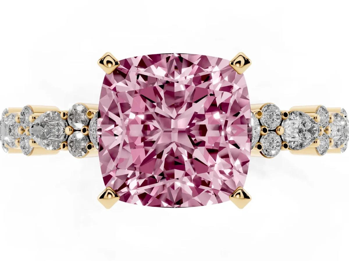 Fancy Pink Cushion Cut Diamond Side Stone Solitaire Ring with Round and Four-Prong Setting Yellow gold