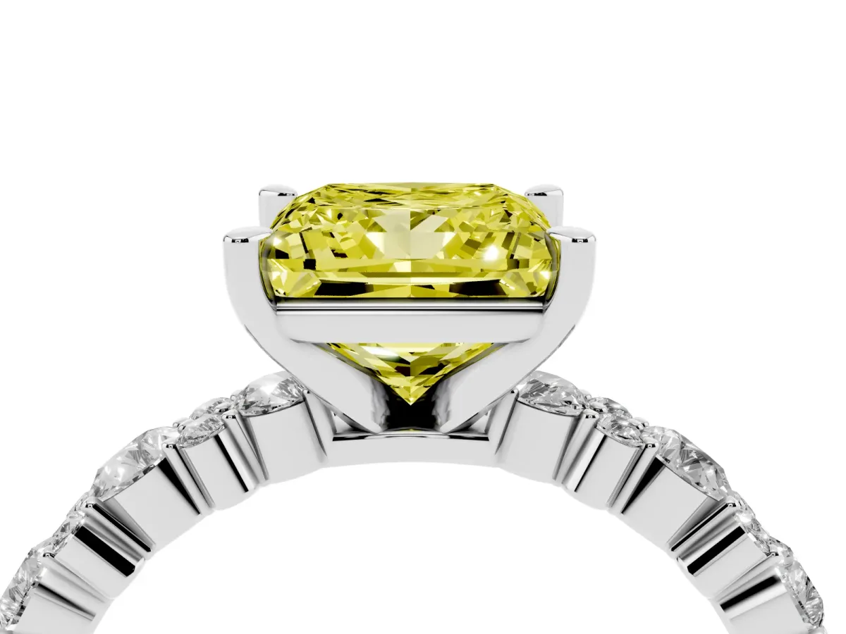 Fancy Yellow Princess Cut Diamond Side Stone Solitaire Ring with Round and Four-Prong Setting Silver