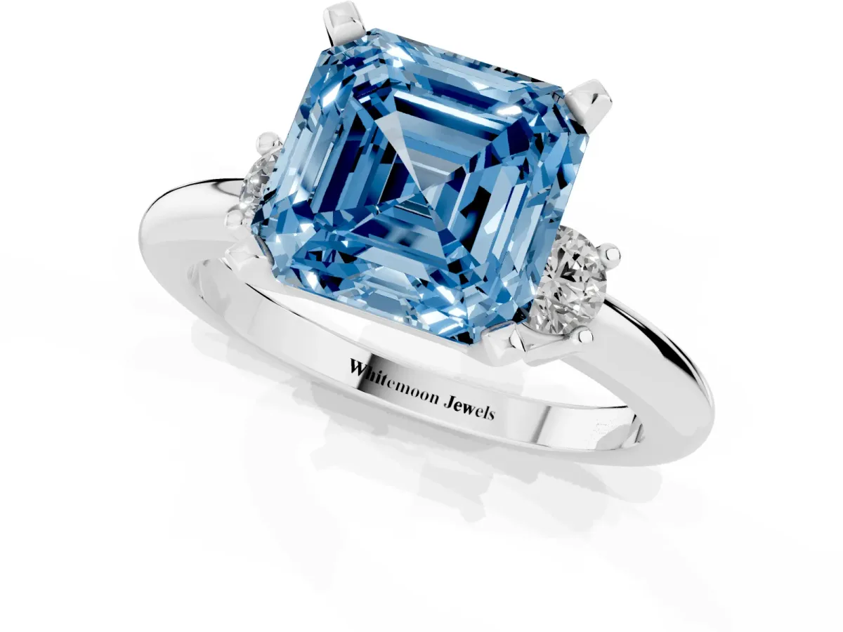 Fancy Blue Three-Stone Asscher Cut Cut Diamond Solitaire with Prong Setting and Classic Band Silver