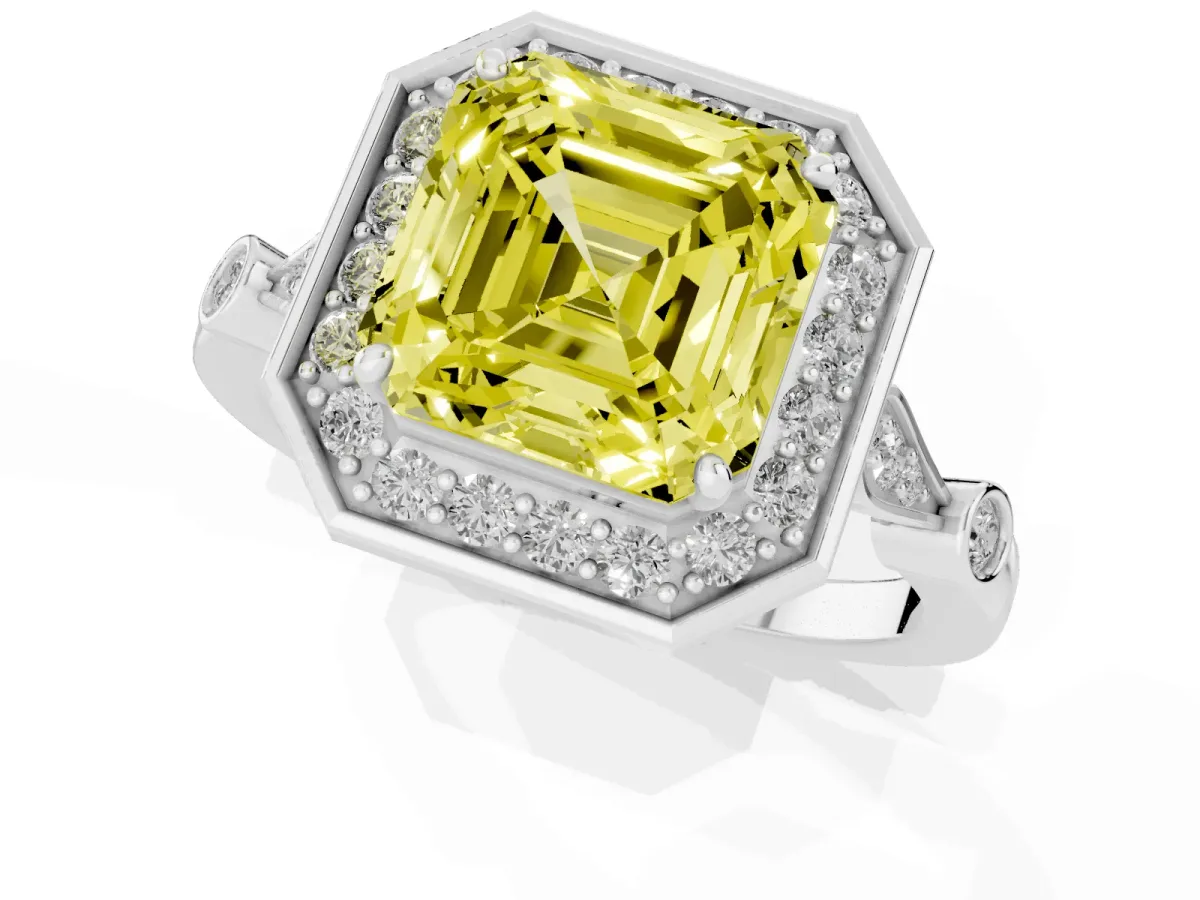 Fancy Yellow Asscher Cut Halo Diamond Engagement Ring with Twisted Band and Four-Prong Setting Silver