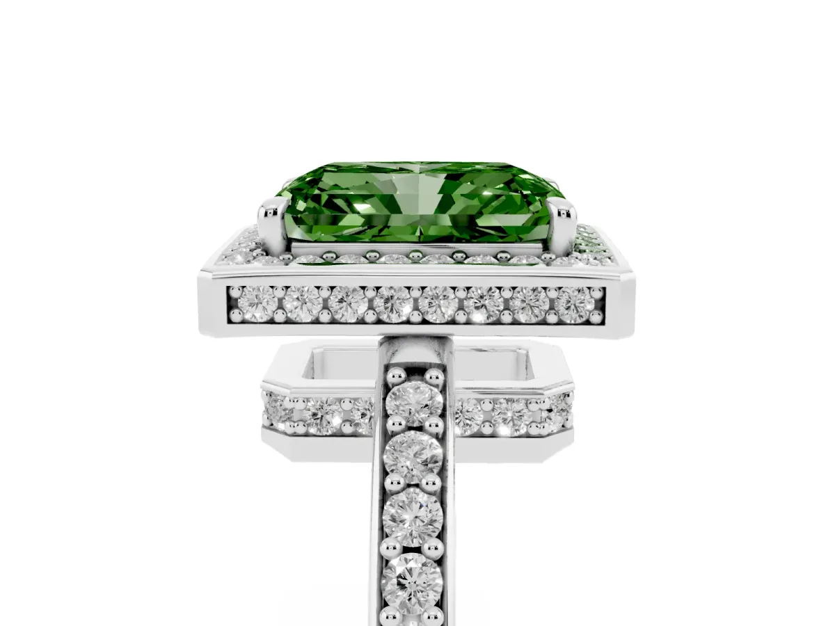 Fancy Green Radiant Cut Halo Pave Band Solitaire Ring with Prong Setting White gold