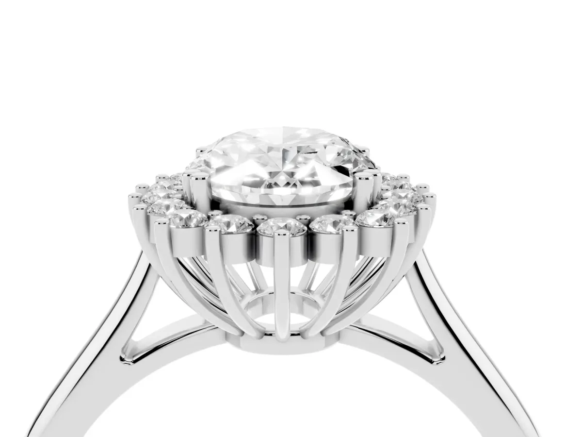Oval Cut Cut Diamond Halo Ring with Solitaire Band and Prong Setting Silver