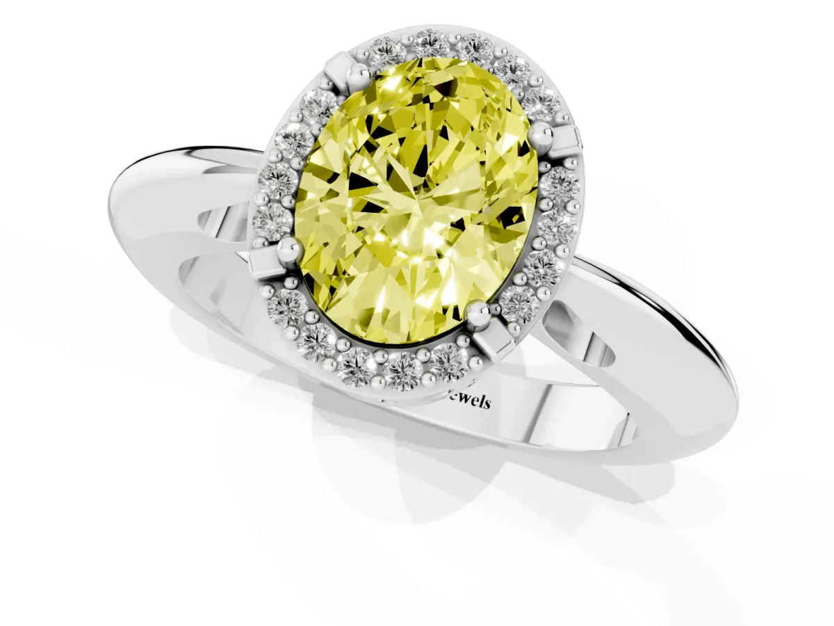 Fancy Yellow Oval Cut Cut Diamond Halo Engagement Ring with Split Shank and Four-Prong Setting Silver