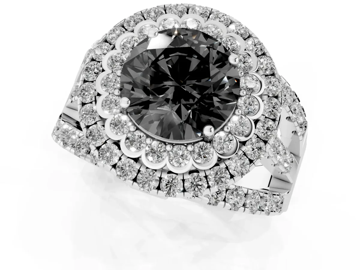 Fancy Black Round Cut Diamond Double Halo Ring with Round Pavé Split Shank and Prong Setting Silver