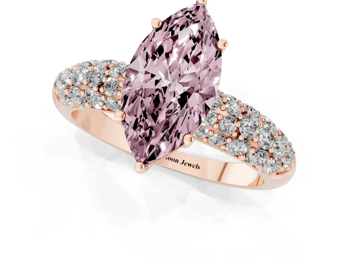Fancy Pink Marquise Cut Diamond Pavé Band Solitaire Ring with Four-Prong Setting Rose gold