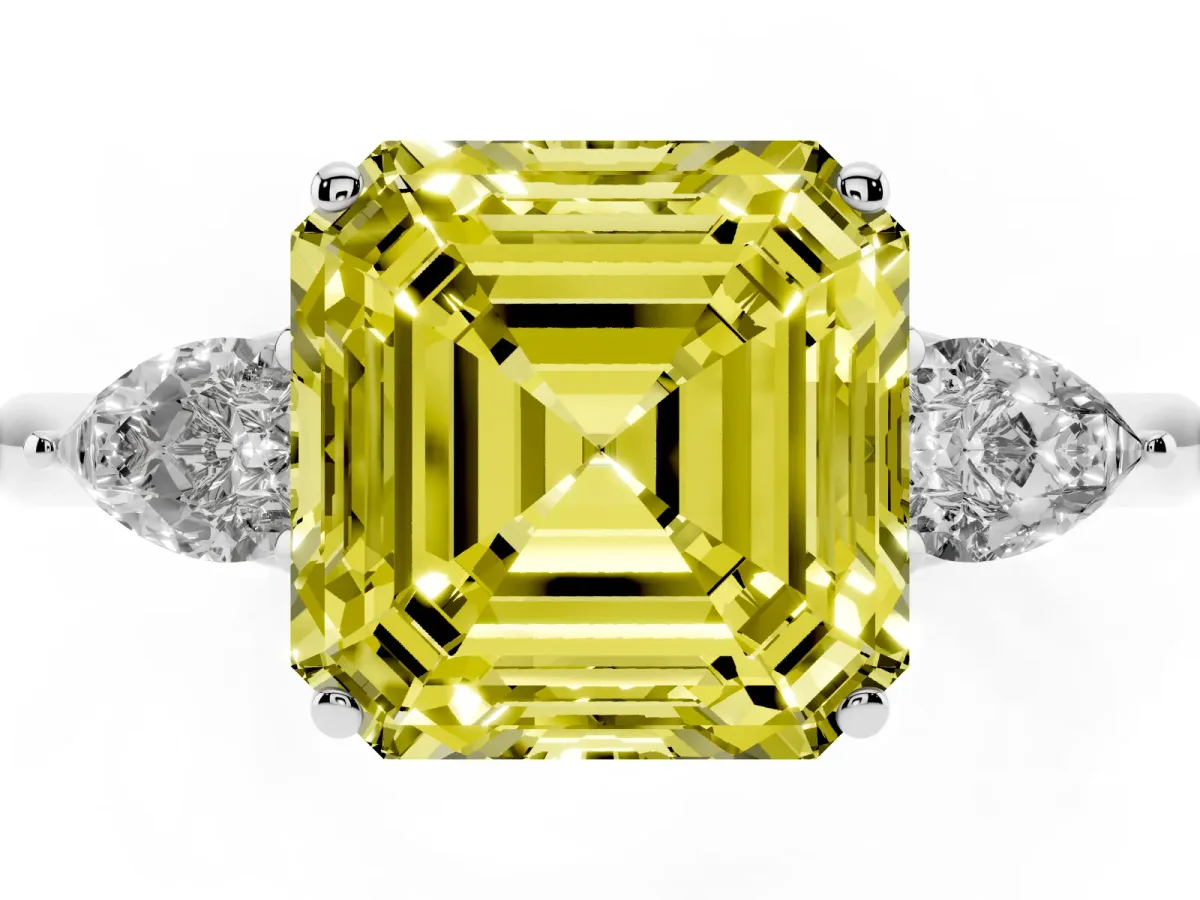 Fancy Yellow Three-Stone Asscher Cut Brilliant Diamond Solitaire Ring with Tapered Band and Four-Prong Setting Platinum