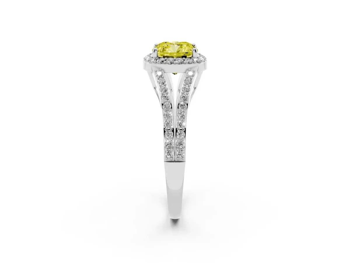 Fancy Yellow Cushion Cut Halo Split Shank Pave Diamond Ring with Four-Prong Setting Silver