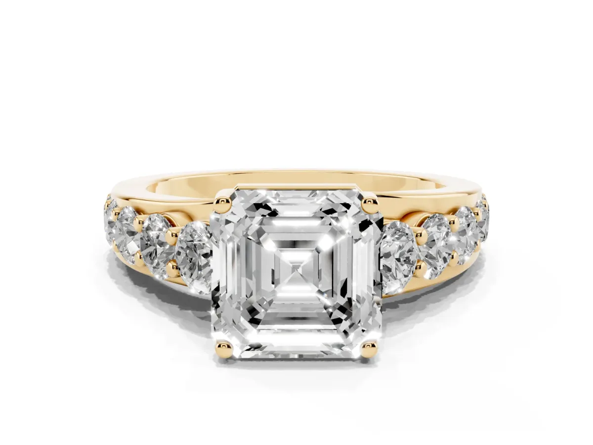Asscher Cut Diamond Engagement Ring with Pavé Band and Four-Prong Setting Yellow gold