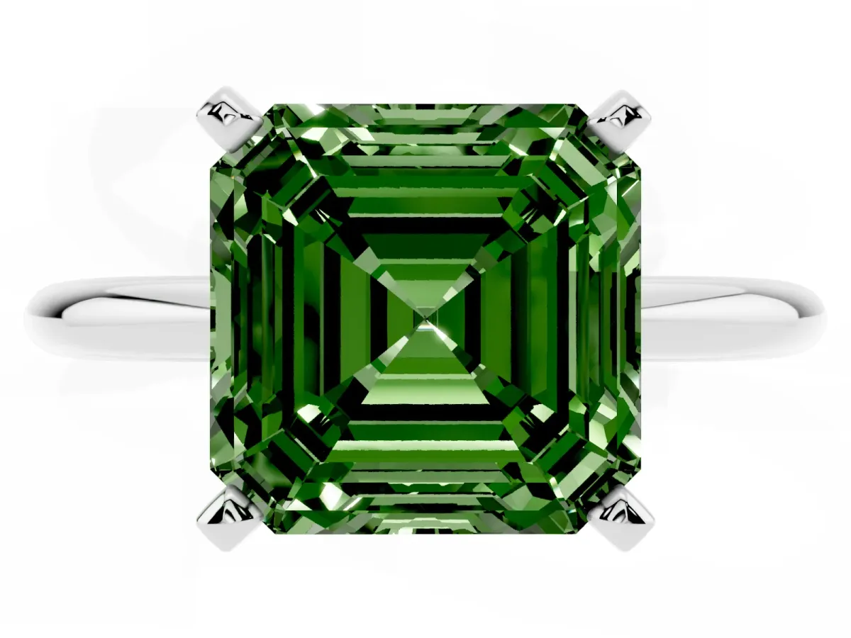 Fancy Green Asscher Cut Diamond Solitaire Ring with Prong Setting and Classic Band Silver