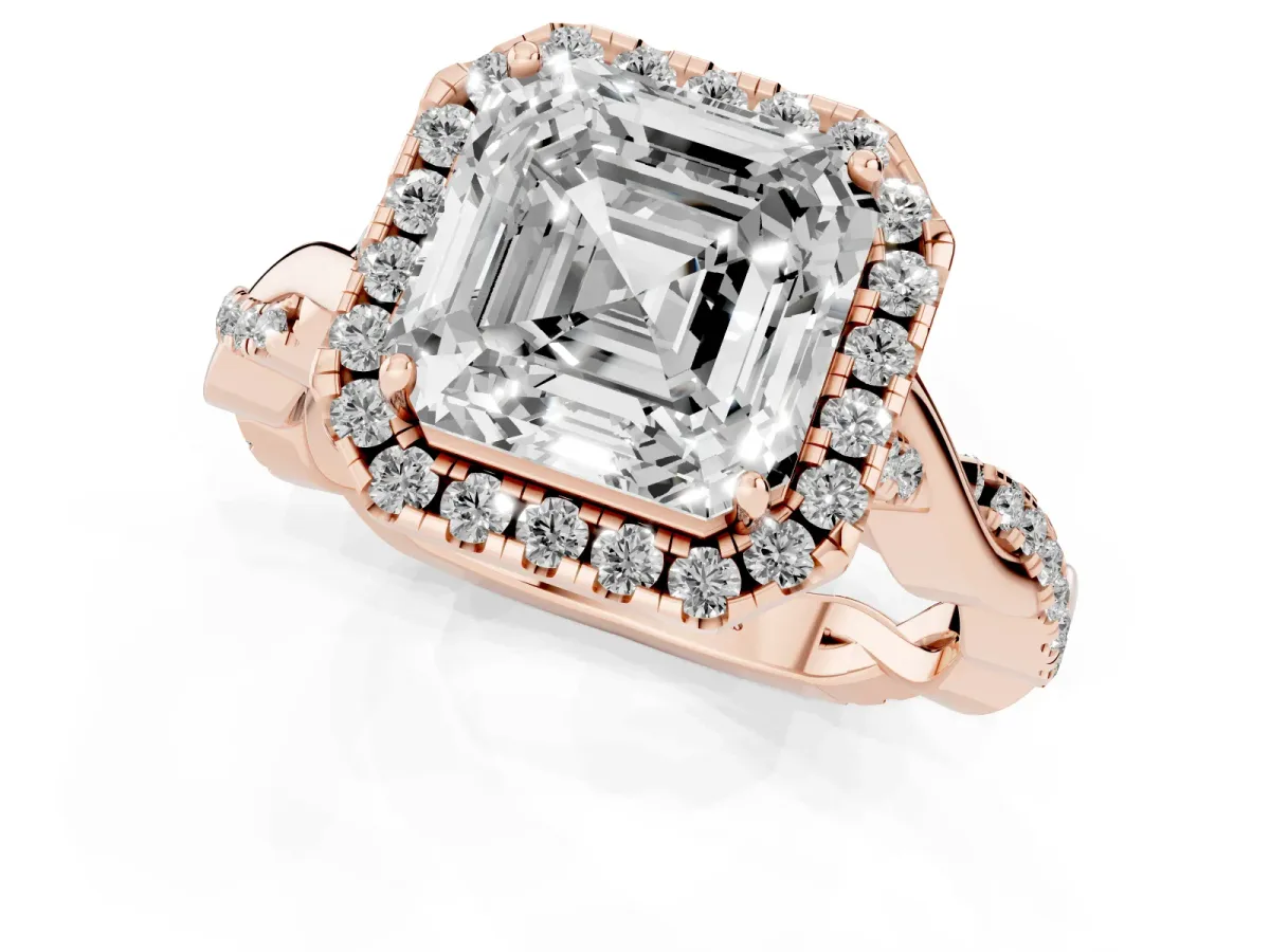 Asscher Cut Halo Twist Band Solitaire Ring Rose gold
