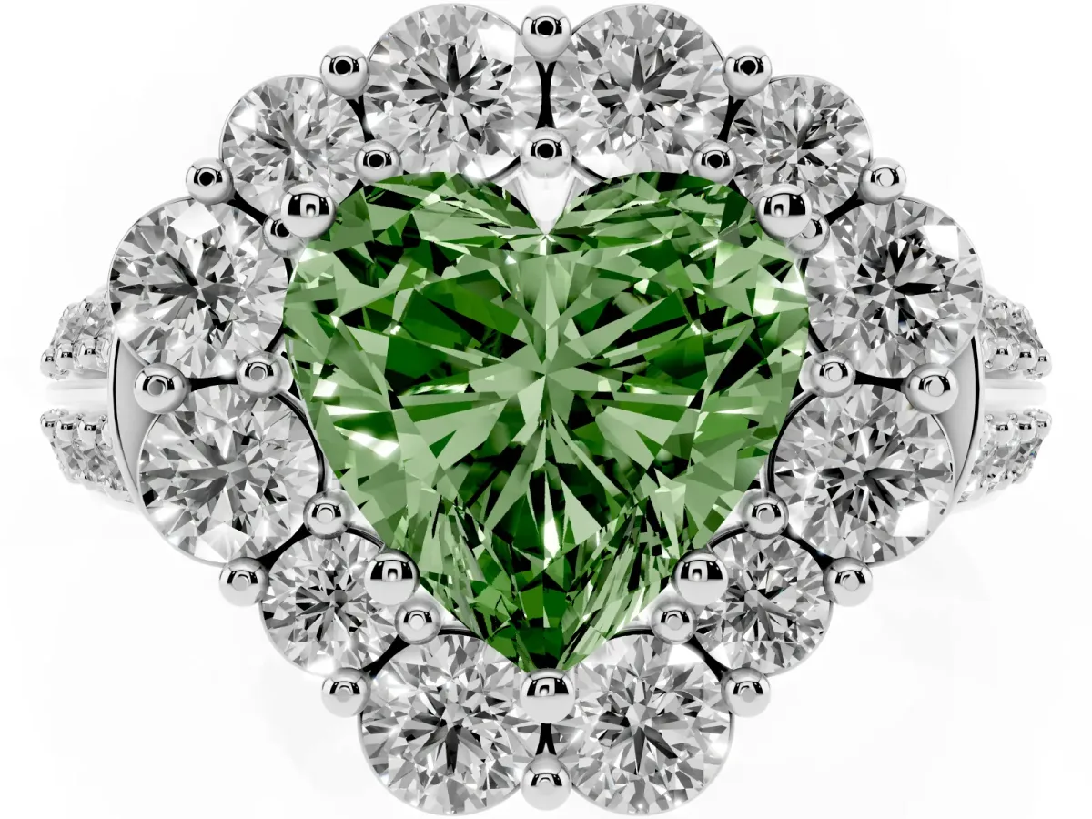 Fancy Green Heart Cut Halo Diamond Engagement Ring with Split Shank and Prong Setting White gold