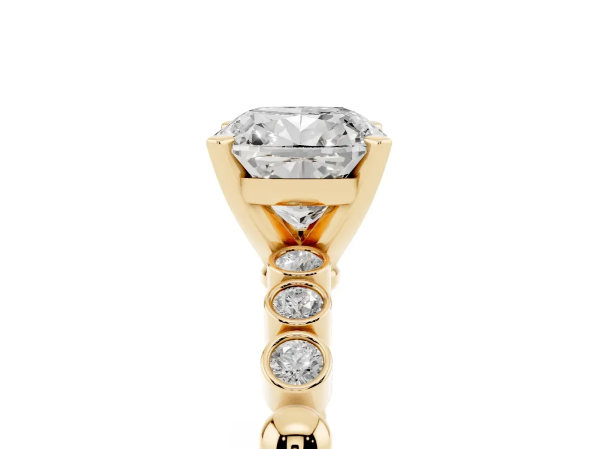 Cushion Cut Solitaire Bezel Accent Diamond Engagement Ring with Beaded Band and Four-Prong Setting Yellow gold