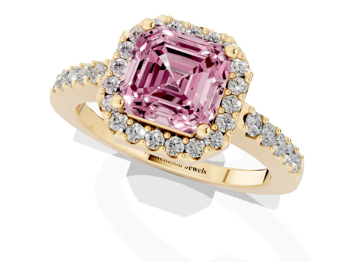 Fancy Pink Asscher Cut Halo Diamond Pavé Solitaire Ring Yellow gold