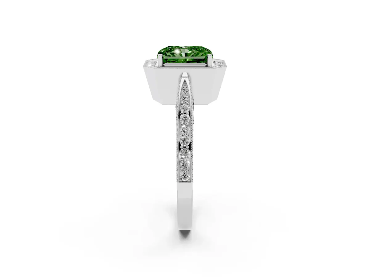 Fancy Green Radiant Cut Halo Diamond Engagement Ring with Split Shank Band and Four-Prong Setting Silver