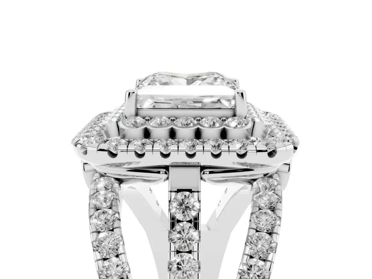 Princess Cut Diamond Double Halo Ring with Round Pavé Split Shank and Prong Setting Silver