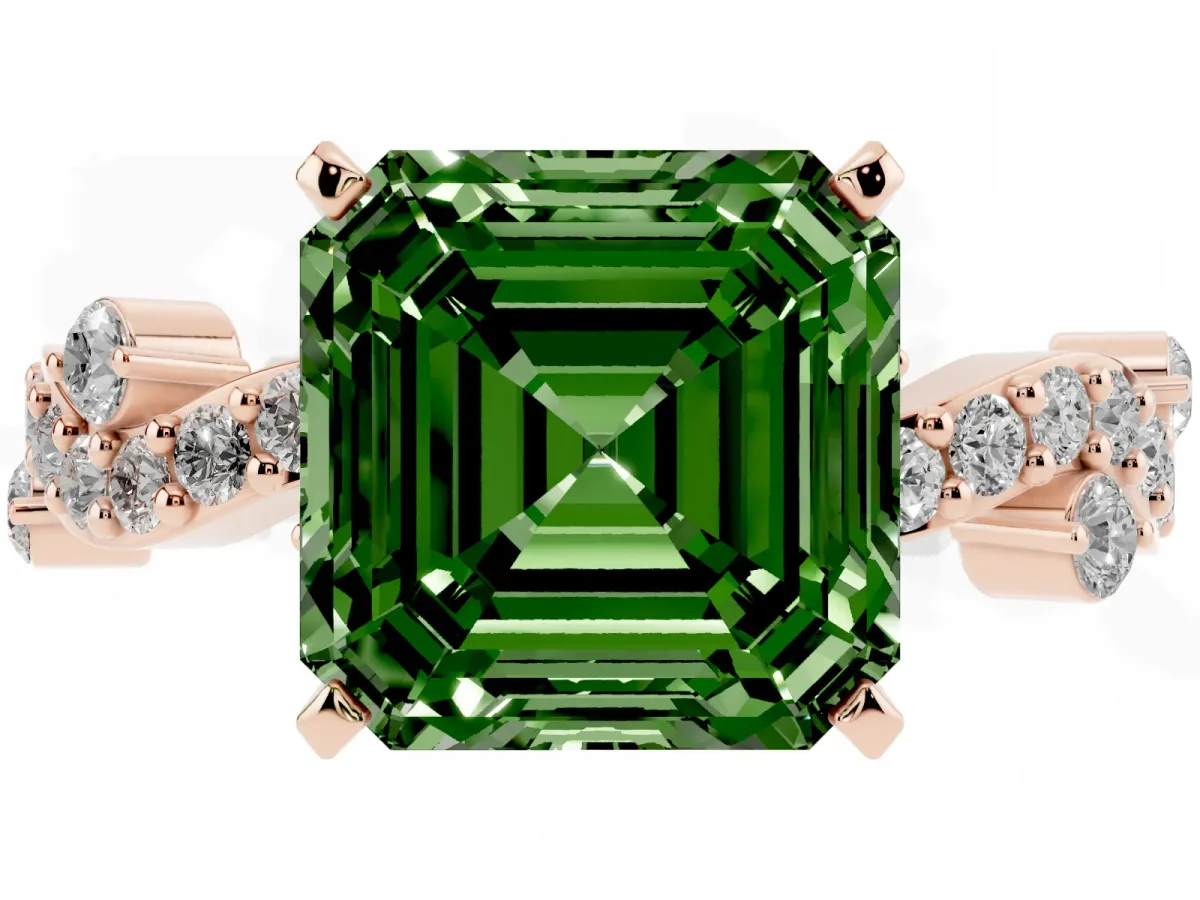 Fancy Green Asscher Cut Cut Solitaire Diamond Twisted Band with Pave Setting Rose gold