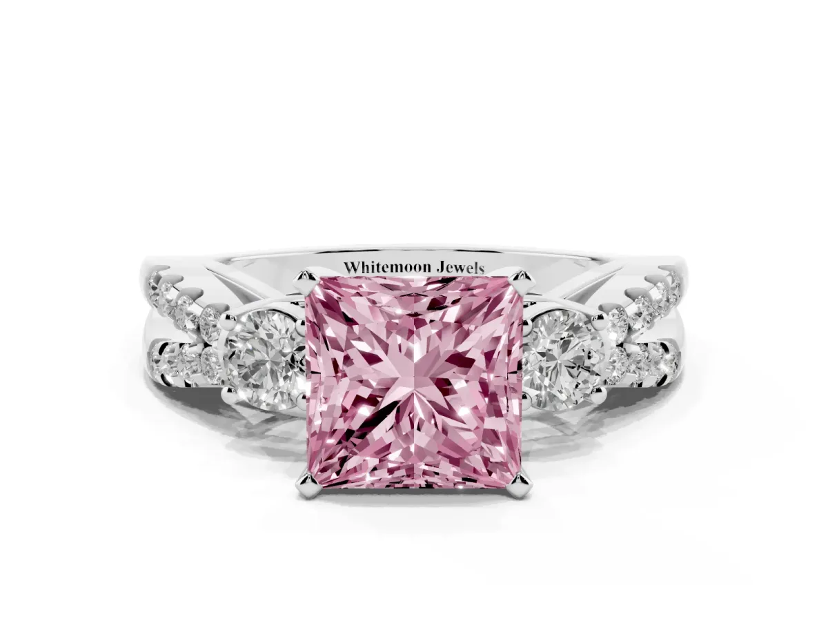 Fancy Pink Princess Cut Diamond Three-Stone Ring with Pavé Split Shank and Four-Prong Setting Silver