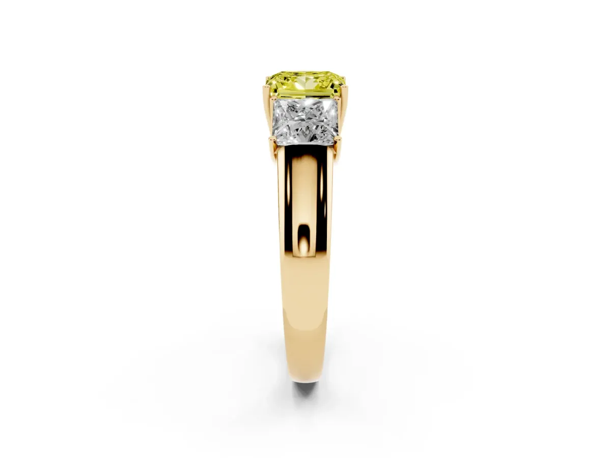 Fancy Yellow Three-Stone Princess Cut Cut Diamond Ring with Prong Setting and Classic Band Yellow gold