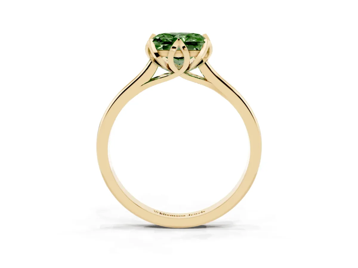 Fancy Green Princess Cut Diamond Solitaire Ring with Flower Prong Setting and Classic Band Yellow gold