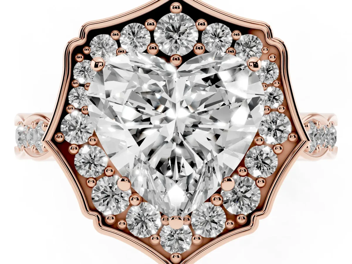 Heart Cut Halo Diamond Engagement Ring with Milgrain Band and Four-Prong Setting Rose gold