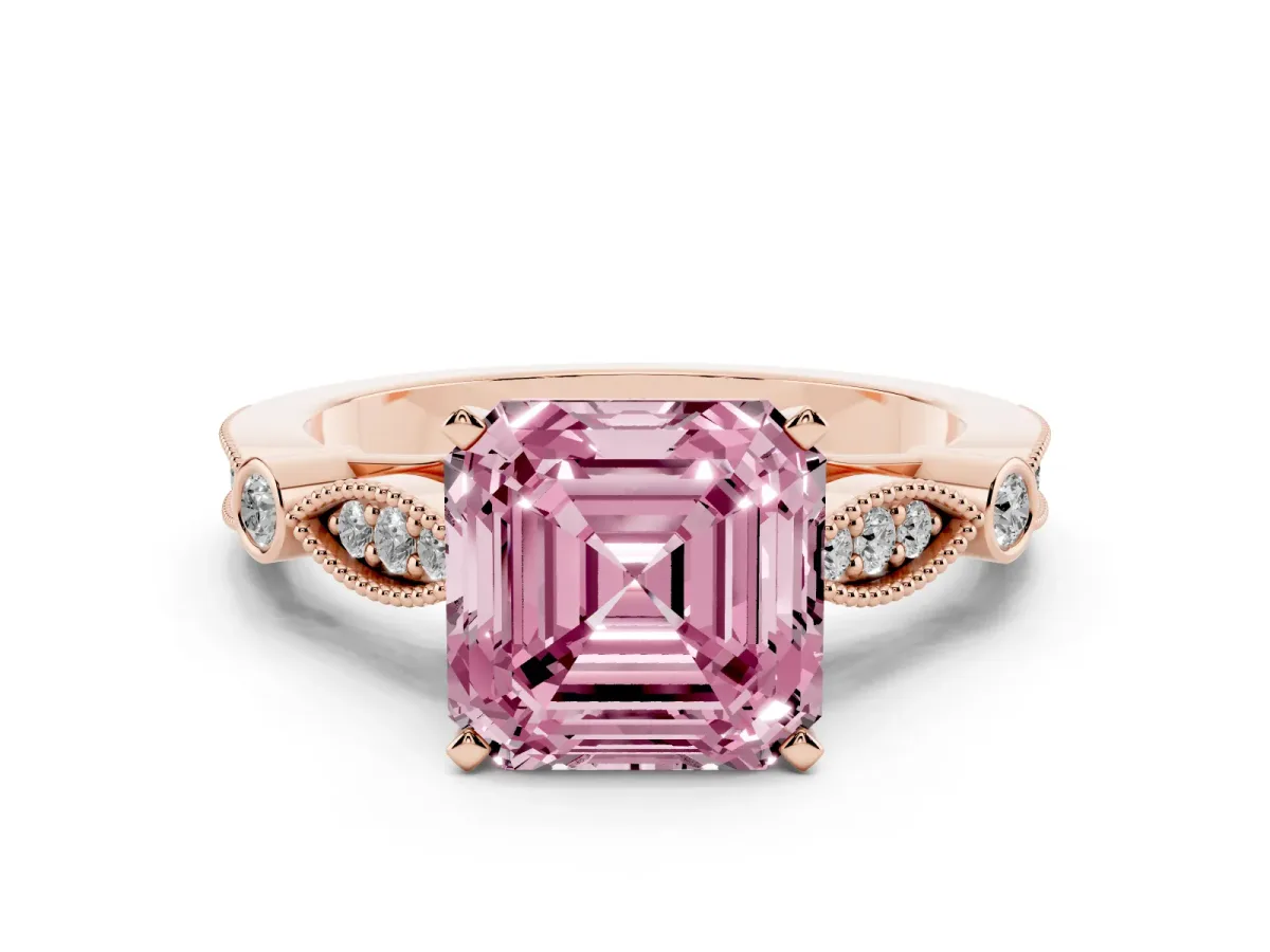 Fancy Pink Asscher Cut Cut Diamond with Milgrain Marquise and Bezel Accents on a Solitaire Band with Prong Setting Rose gold