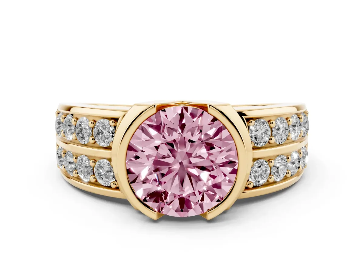 Fancy Pink Round Cut Brilliant Diamond Channel Set Wide Band Ring with Bezel Setting Yellow gold