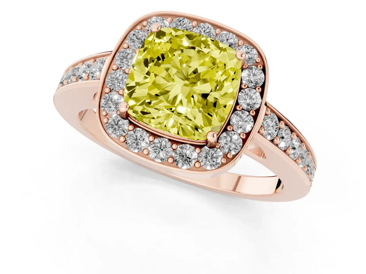 Fancy Yellow Cushion Cut Halo Pavé Diamond Engagement Ring with Bezel Setting Rose gold