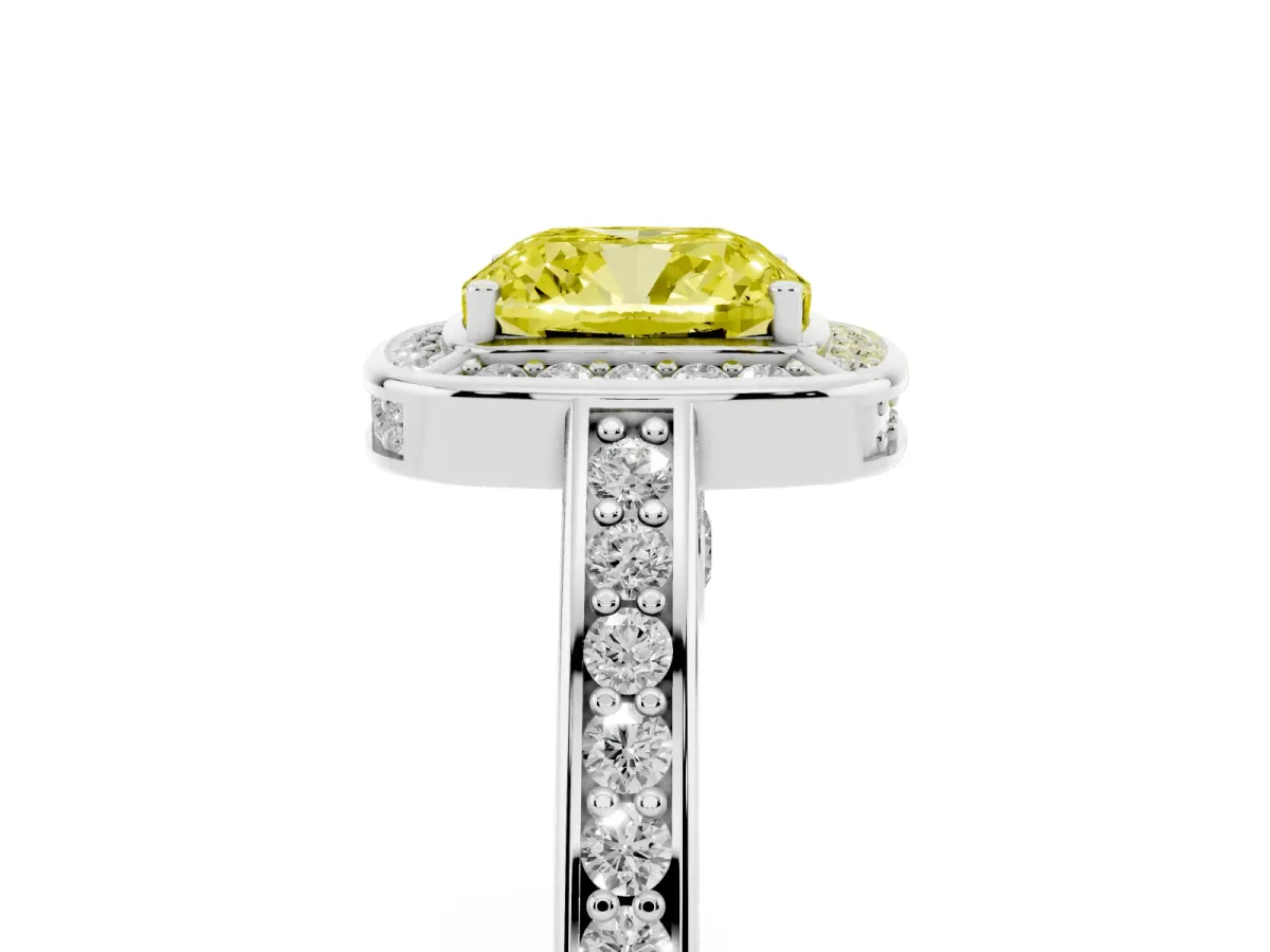 Fancy Yellow Cushion Cut Cut Halo Pave Split Shank Prong Setting Ring Platinum