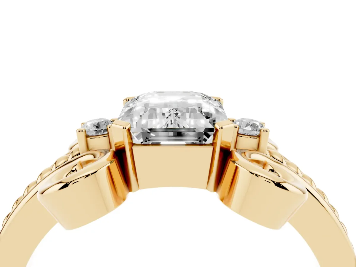 Emerald Cut Solitaire Twisted Band Scroll Prong Ring Yellow gold
