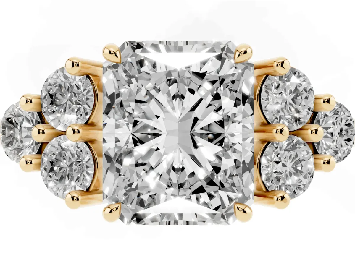 Radiant Cut Brilliant Diamond Cluster Accent Solitaire Ring with Prong Setting Yellow gold