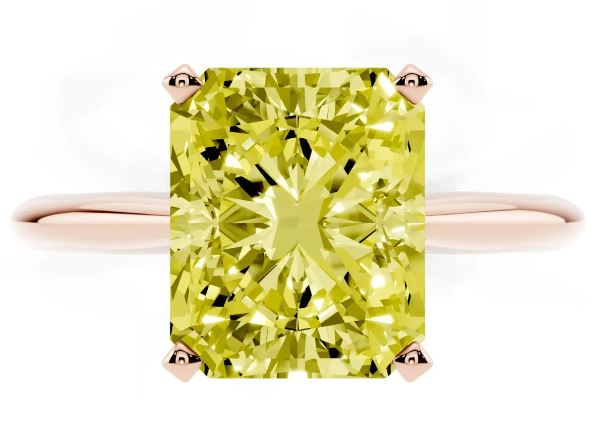 Fancy Yellow Radiant Cut Cut Solitaire Ring with Four-Prong Setting on a Classic Band Rose gold