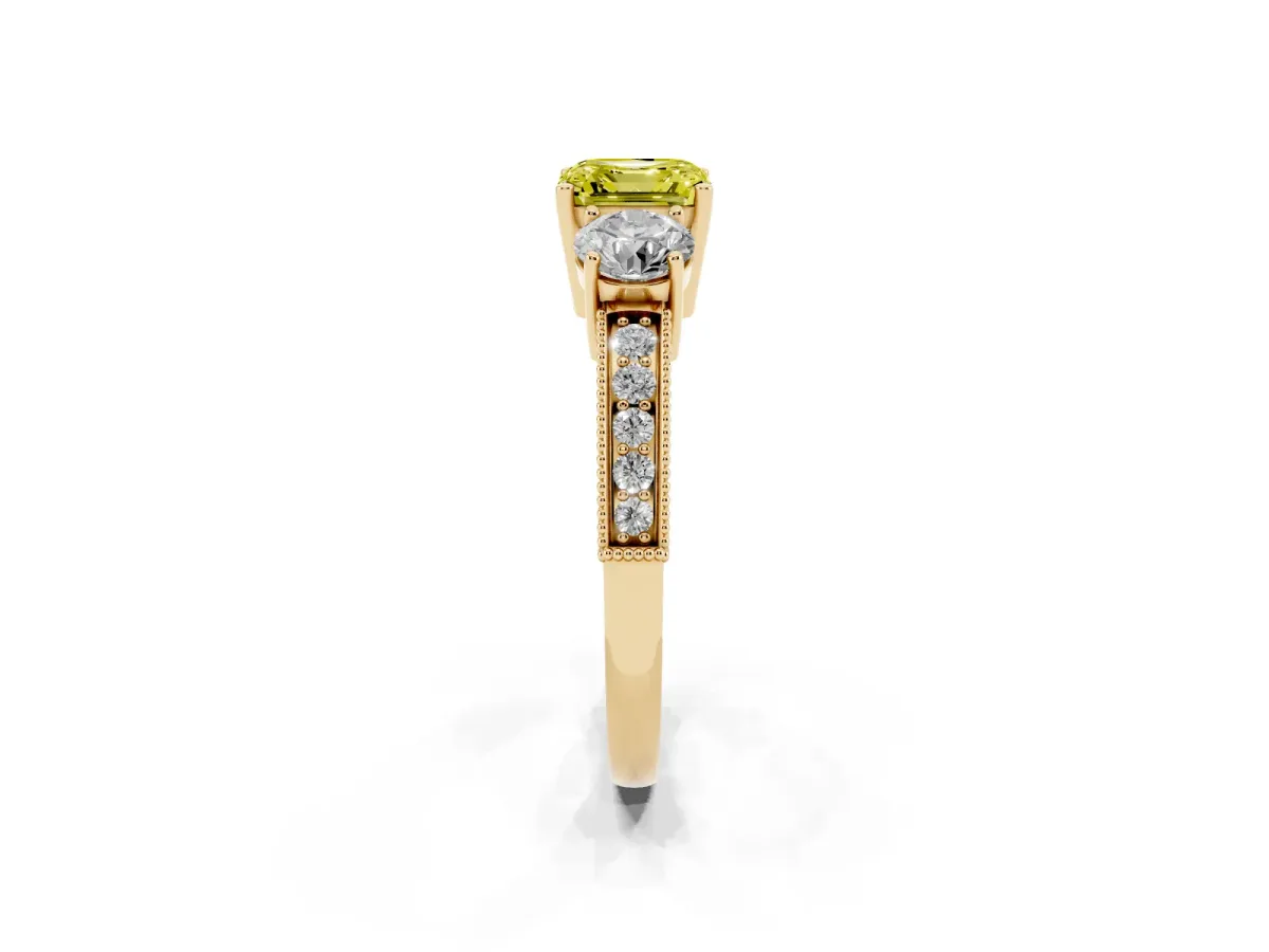 Fancy Yellow Asscher Cut Three-Stone Diamond Ring with Pavé Band and Four-Prong Setting Yellow gold