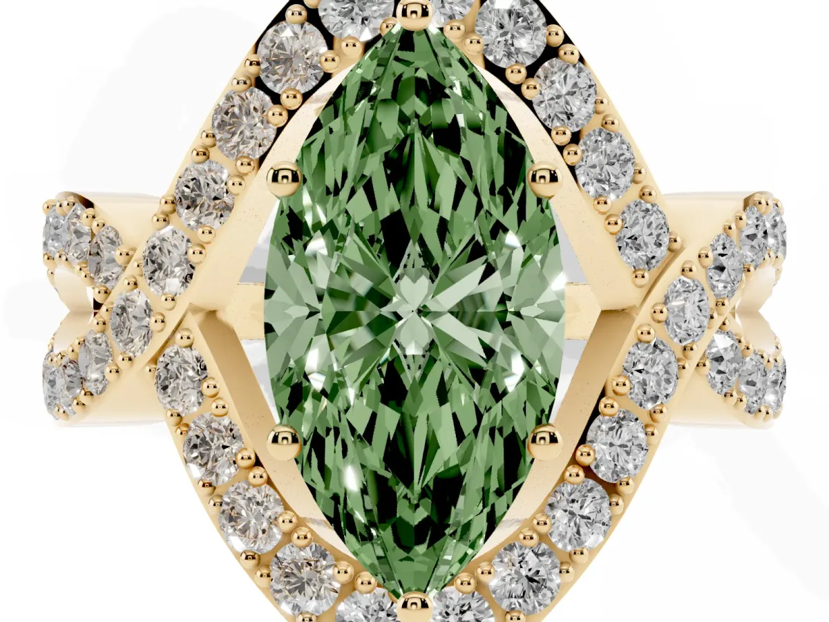 Fancy Green Marquise Cut Solitaire Twist Band Pavé Diamond Engagement Ring Yellow gold