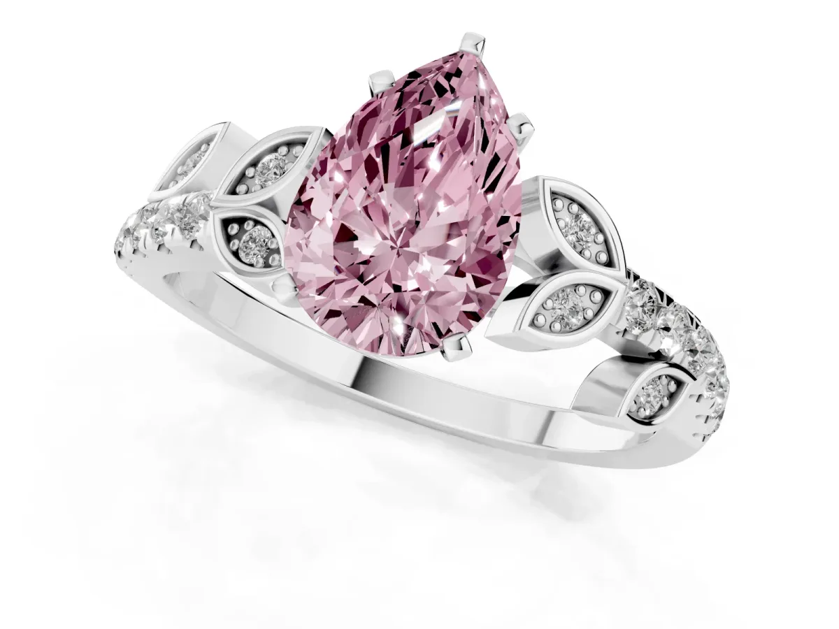 Fancy Pink Pear Cut Solitaire Leaf-Inspired Diamond Ring with Pavé Band and Four-Prong Setting Silver