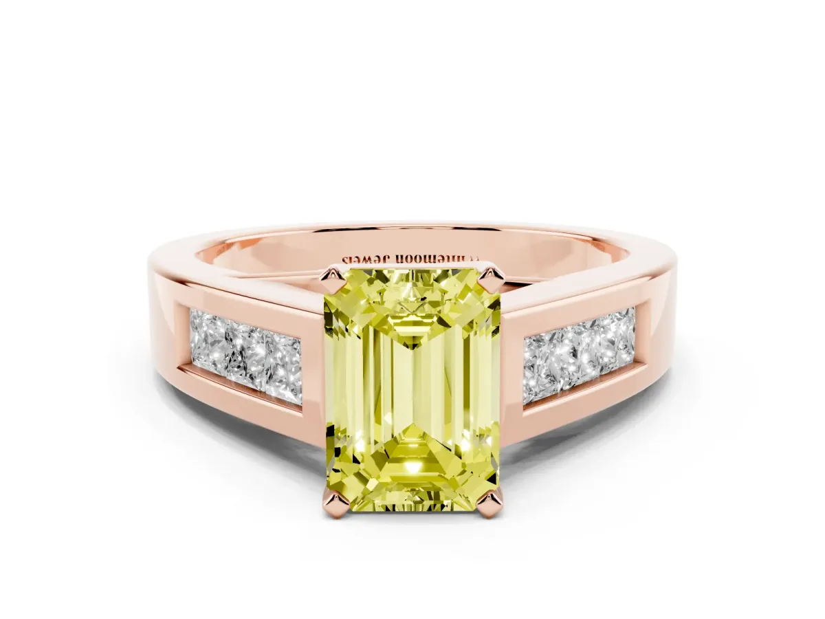 Fancy Yellow Emerald Cut Cut Channel Set Solitaire Ring with Four-Prong Setting Rose gold