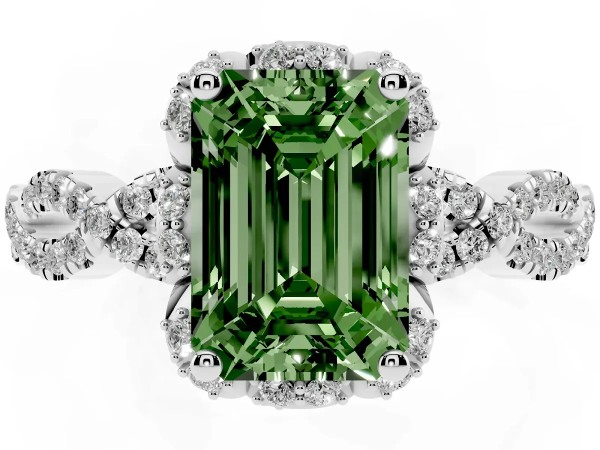 Fancy Green Emerald Cut Halo Twist Band Solitaire Ring with Six-Prong Setting Silver
