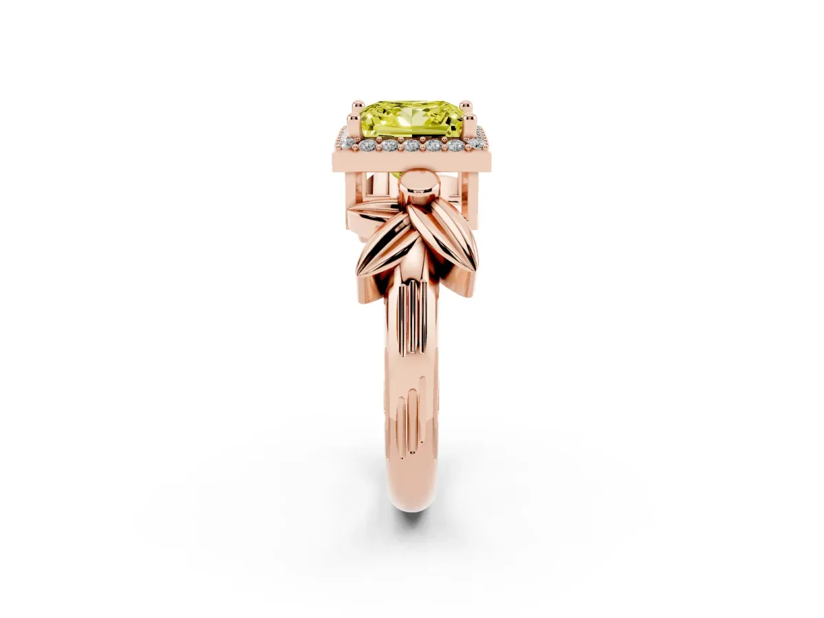 Fancy Yellow Princess Cut Halo Diamond Floral Band with Four-Prong Setting Rose gold